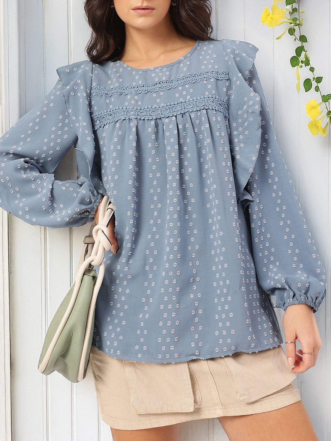 DressBerry Cozy Kawaii Dobby Weave Lace Inserts Ruffled Top