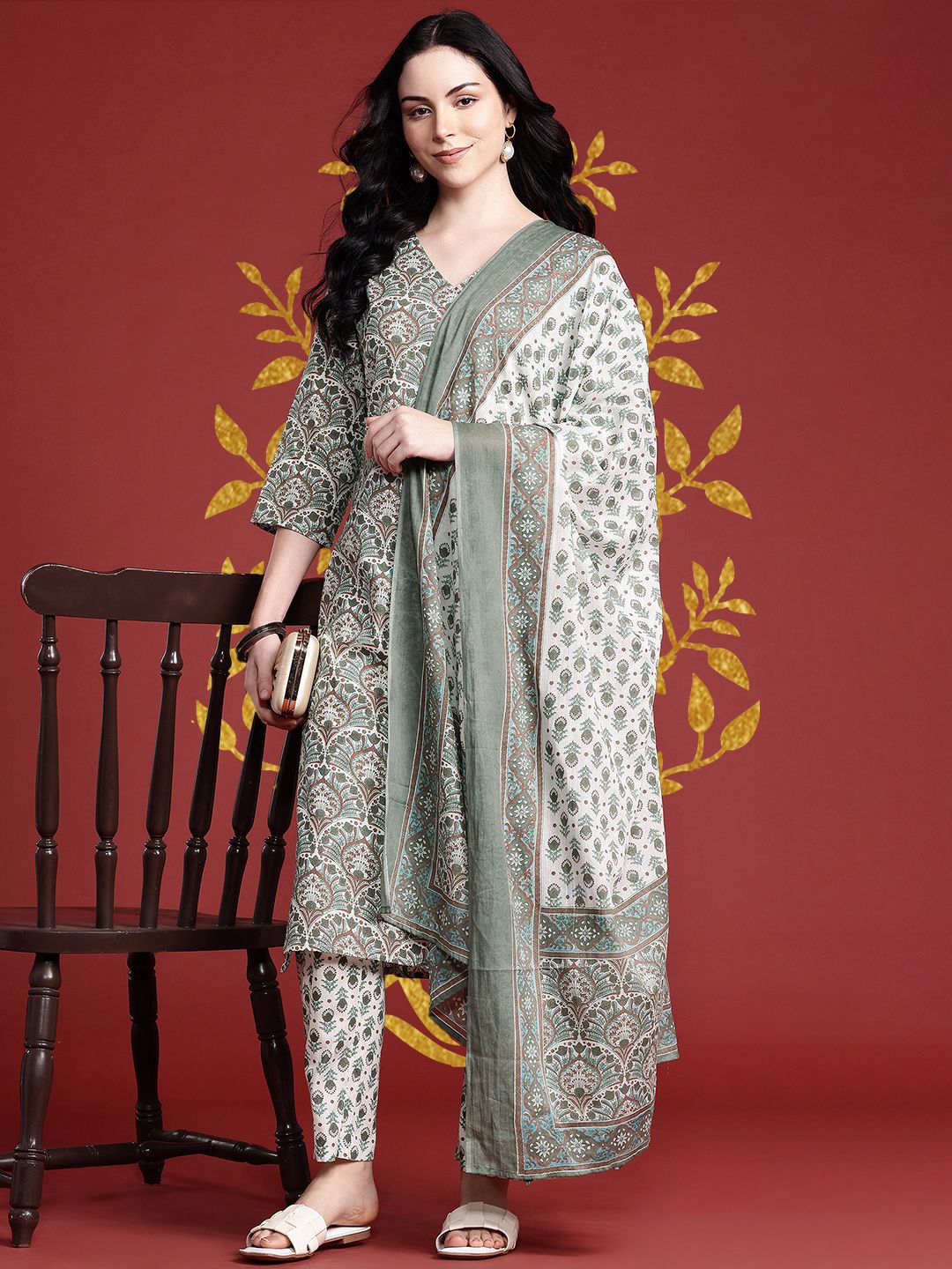 Anouk Ethnic Motifs Printed Kurta with Trousers & With Dupatta