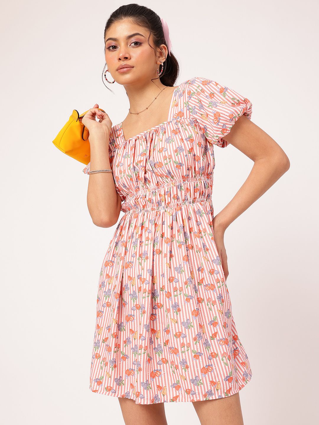 DressBerry Floral Frenzy Striped Dobby Weave Smocked A-Line Mini Dress