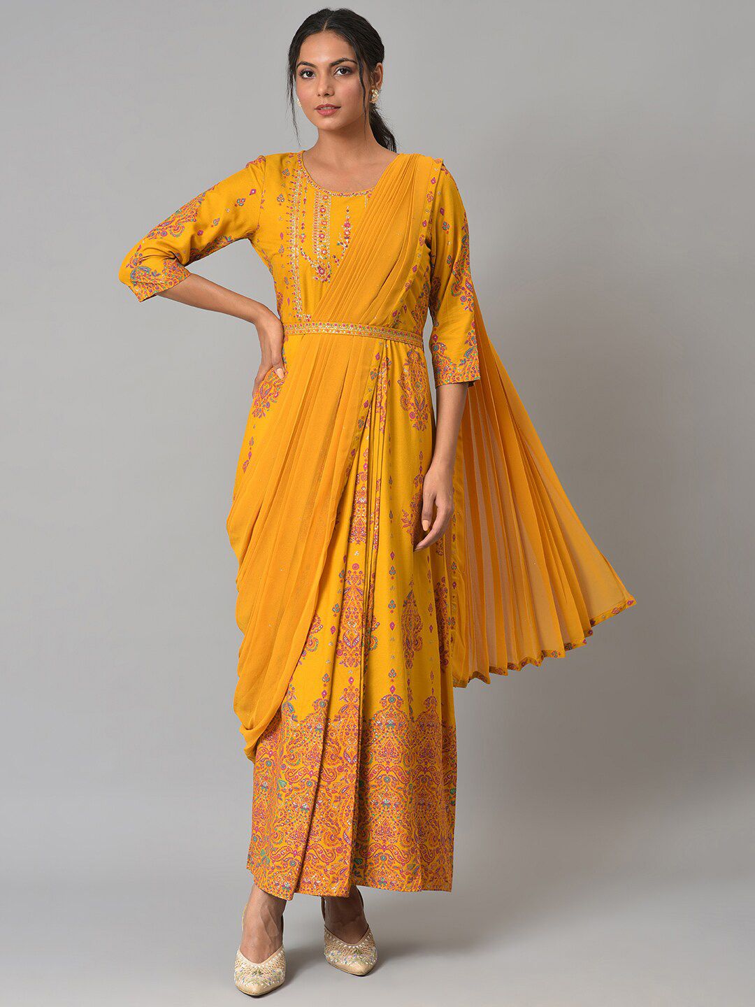 W Women Yellow Ethnic Motifs Printed Ethnic Maxi Dress
