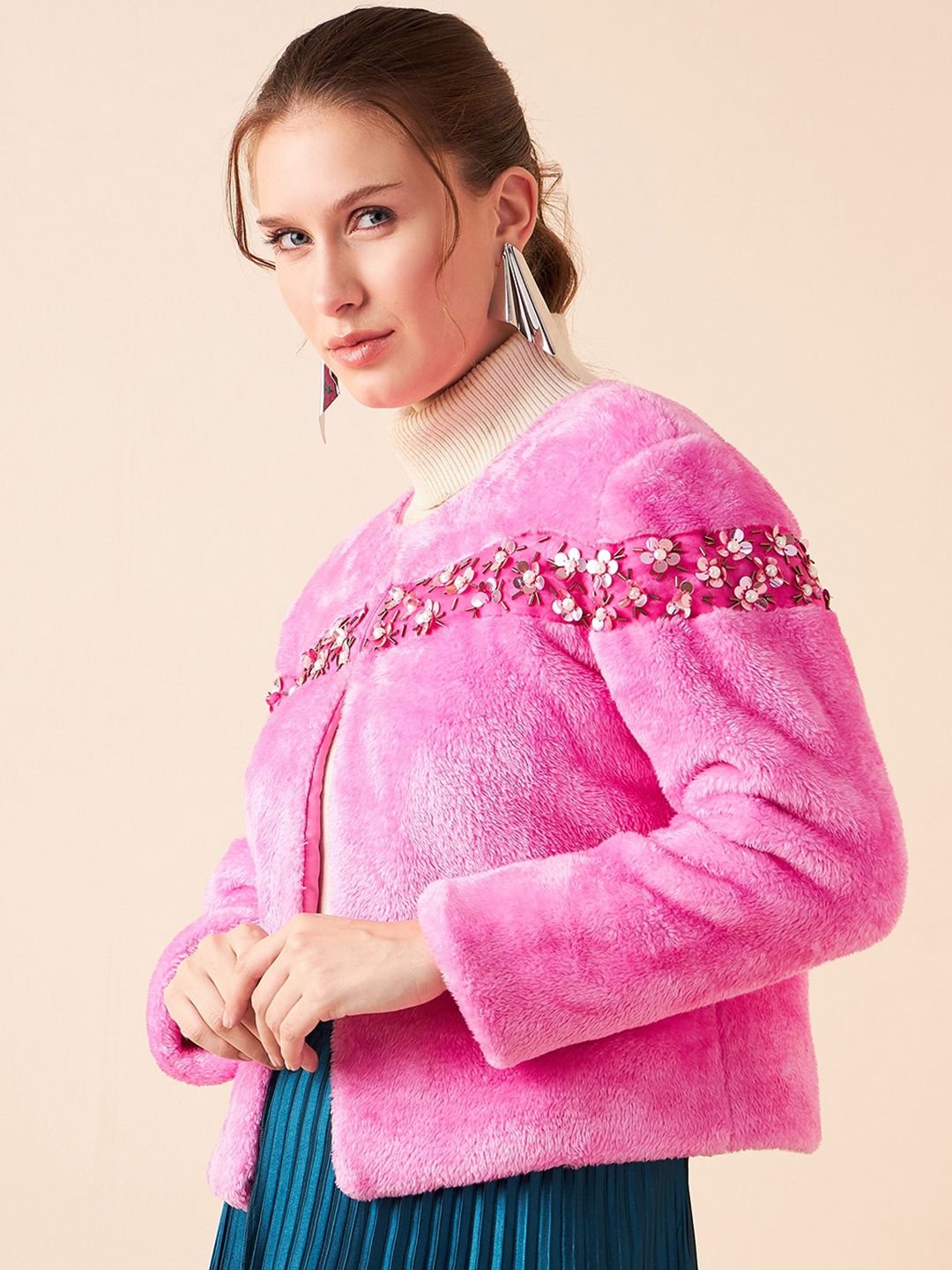 Antheaa Pink Self Design Collarless Long Sleeves Studded Tailored Jacket