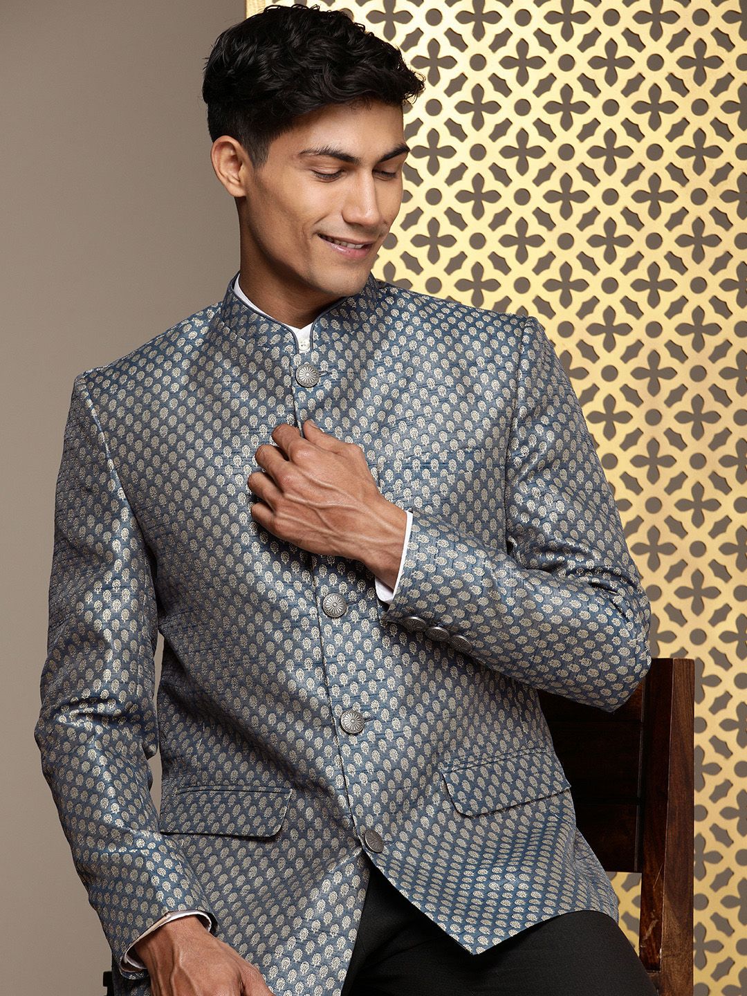 House of Pataudi Woven Design Ethnic Motifs Jashn Bandhgala Blazer