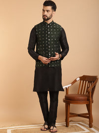 SOJANYA Men Green & White Ethnic Motifs Jacquard Kurta & Churidar with Nehru Jacket