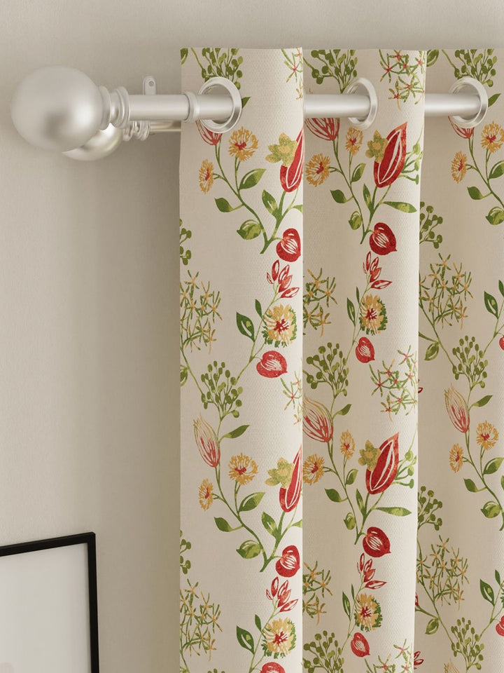 URBAN SPACE Pack of 2 White & Red Floral Printed Room Darkening Long Door Curtain