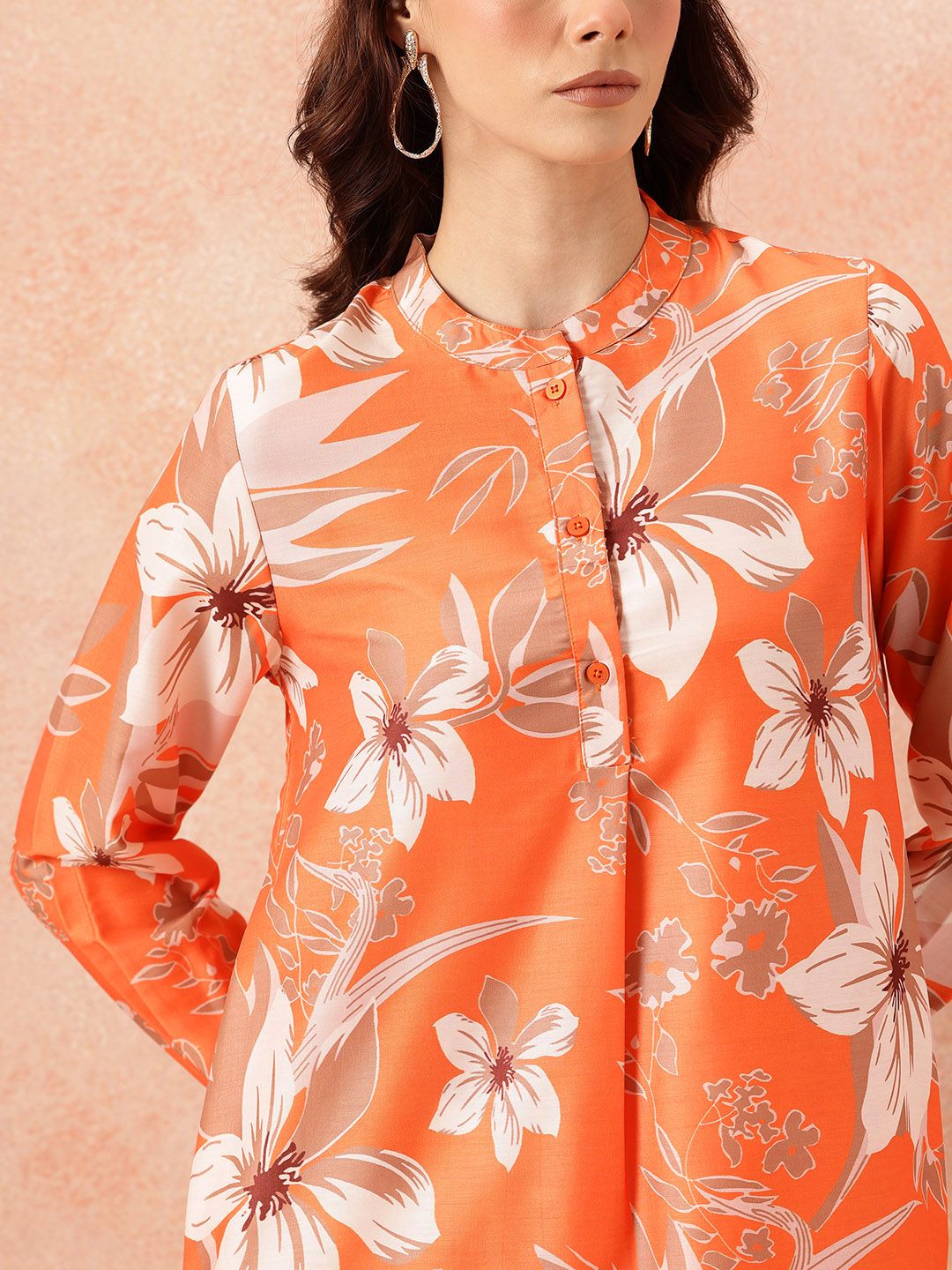 all about you Floral Printed Mandarin Collar Straight Kurta with Trousers
