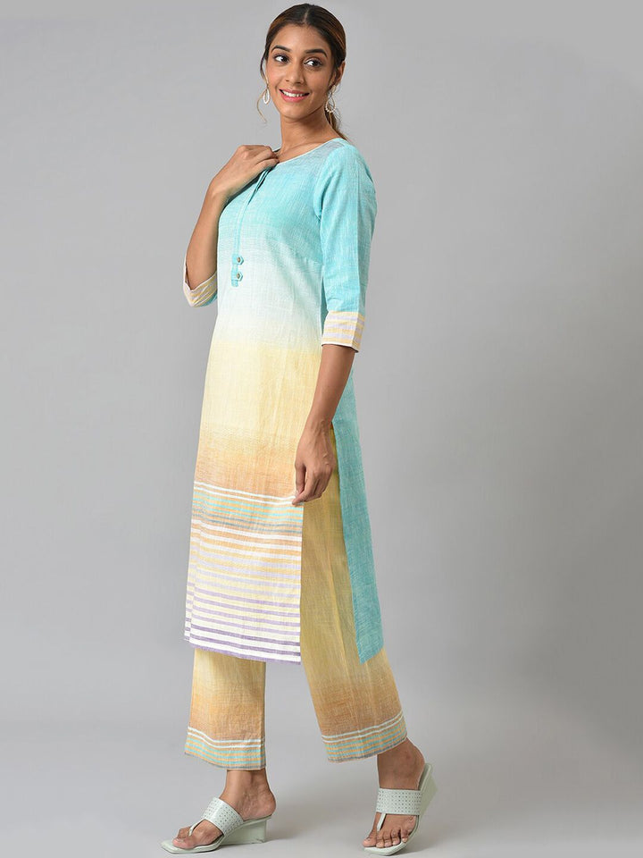 AURELIA Women Blue & Cream Ombre Printed Kurta with Trousers