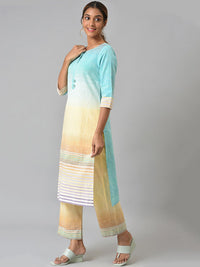 AURELIA Women Blue & Cream Ombre Printed Kurta with Trousers