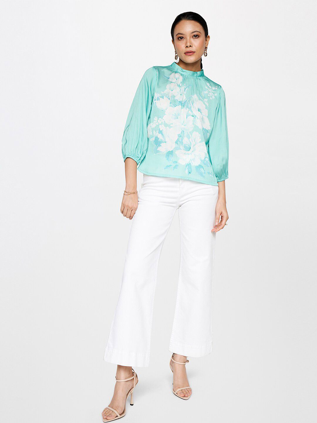 AND Floral Printed High Neck Gathered Puff Sleeves Top