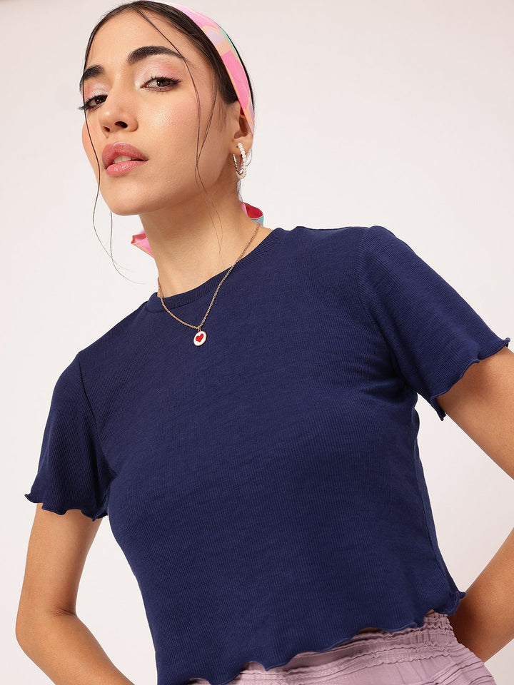 DressBerry Nautical Neutrals Ribbed Lettuce Hem Top
