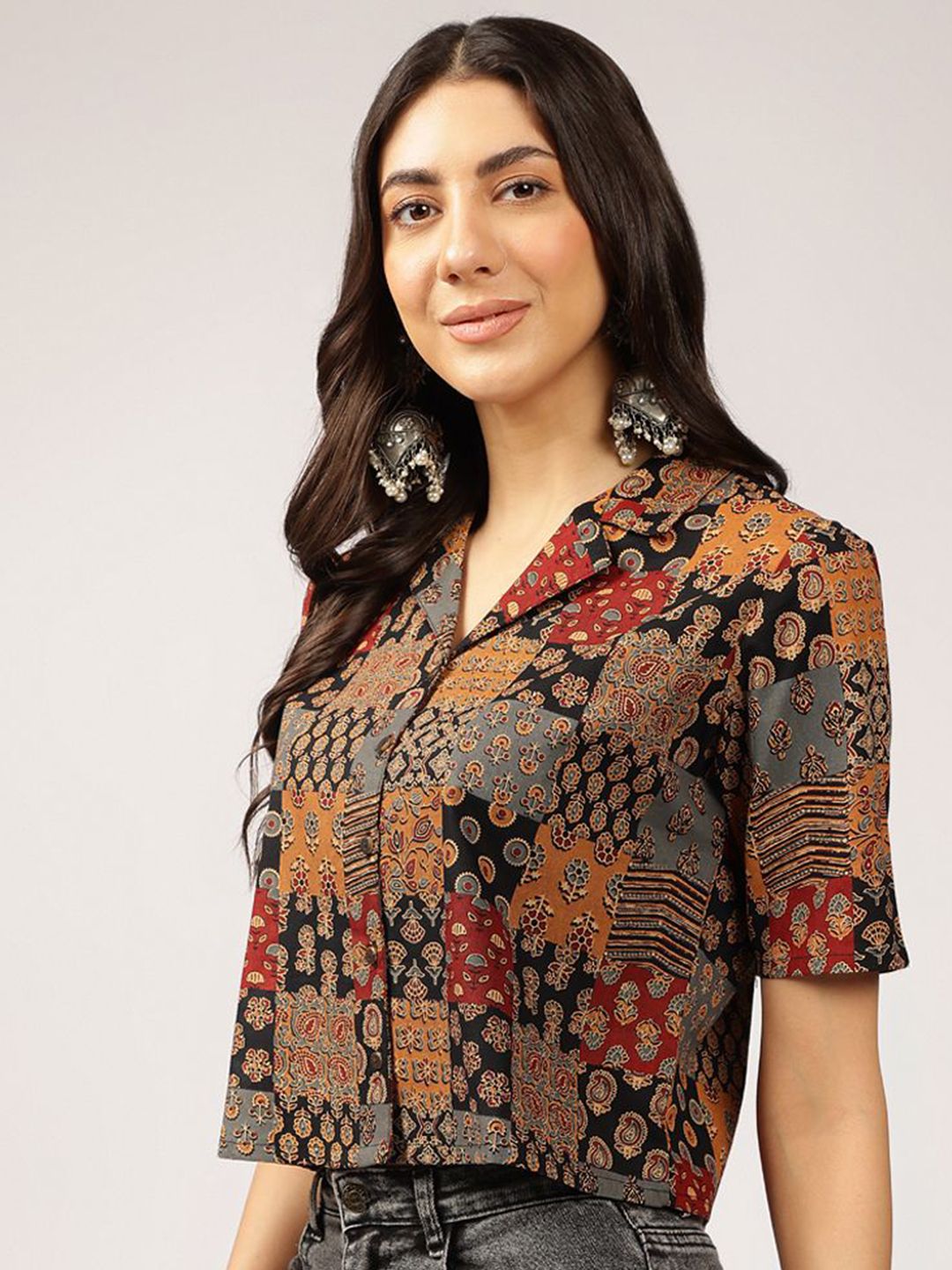 Anouk Ethnic Printed Cuban Collar Pure Cotton Shirt Style Top