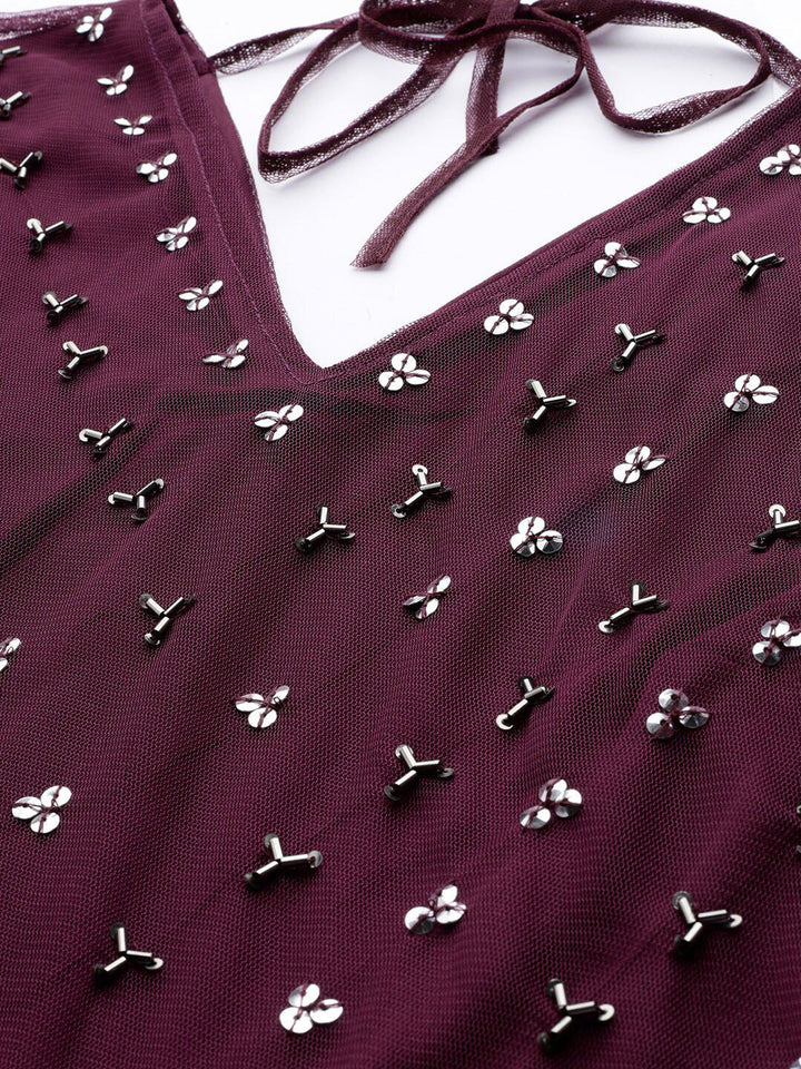 STREET 9 Burgundy Embellished Net Peplum Top