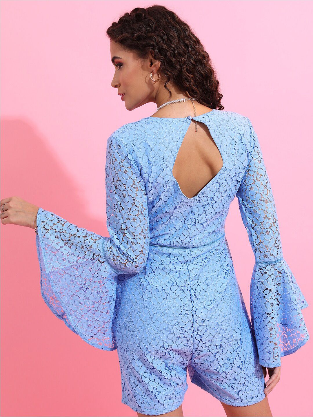 Tokyo Talkies Blue Self Design V-Neck Playsuit
