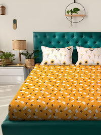 KLOTTHE Yellow Floral Printed 300 TC Double King Cadar Dengan Sarung Bantal