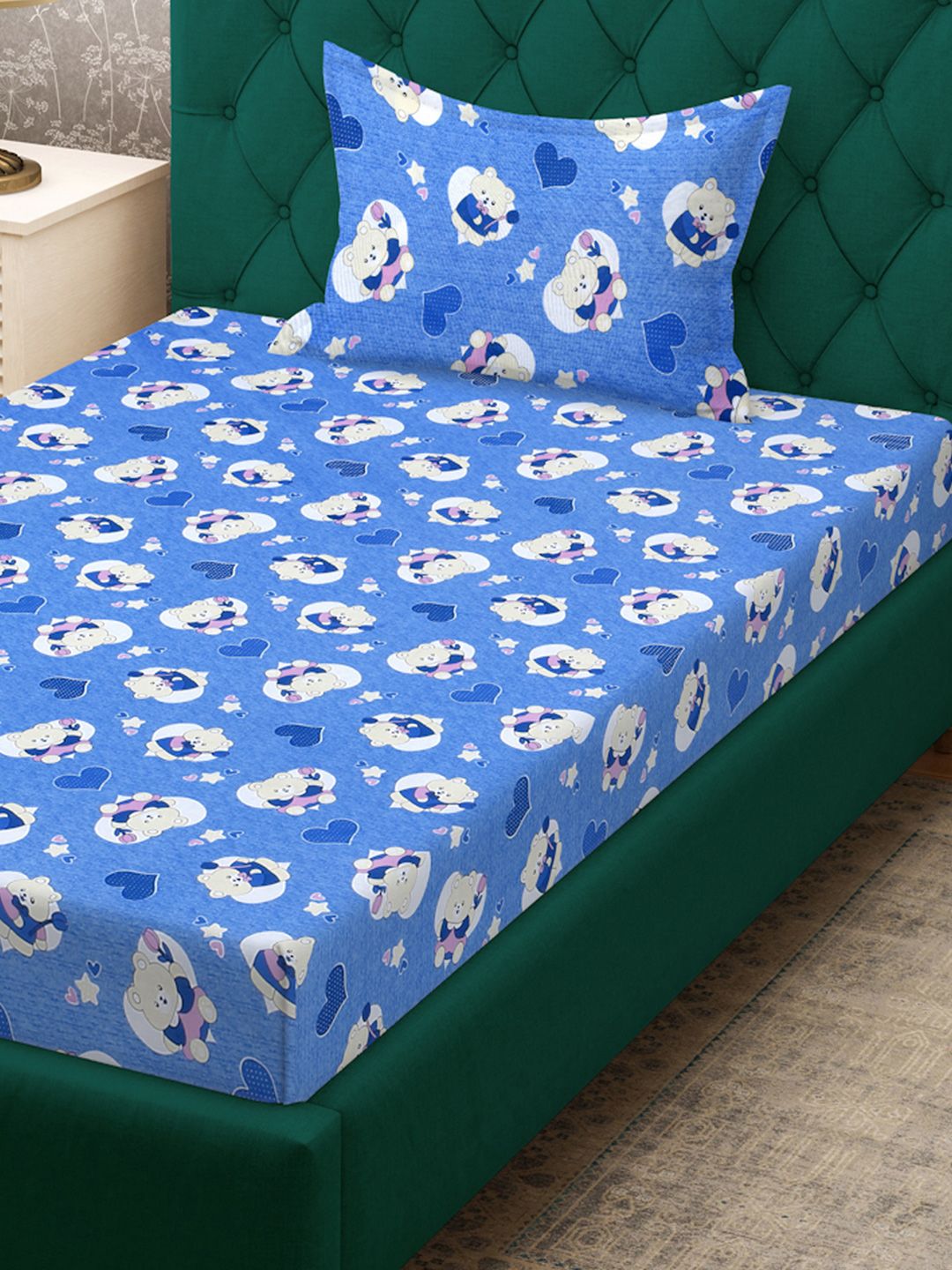 KLOTTHE Blue Conversational Cotton 400 TC Fitted Single Superfine Bedsheet with a Pillow Cover-225 x 150 cm