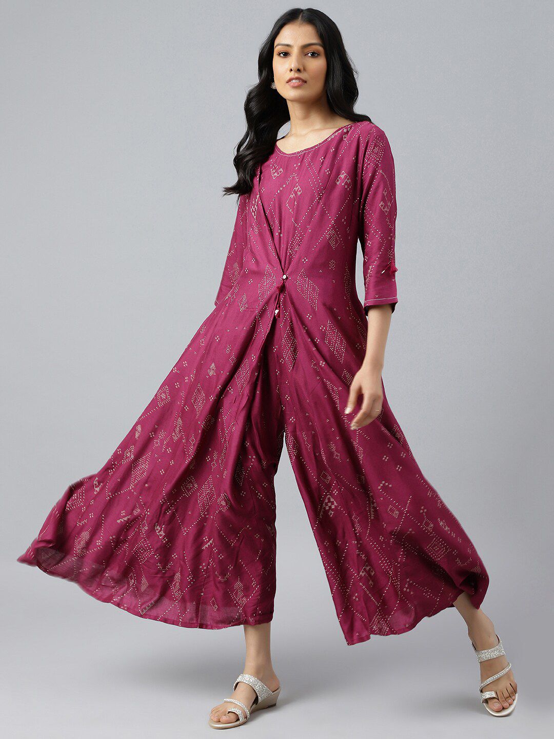 W Women Wine Mock Layer Kimono Jumpsuit