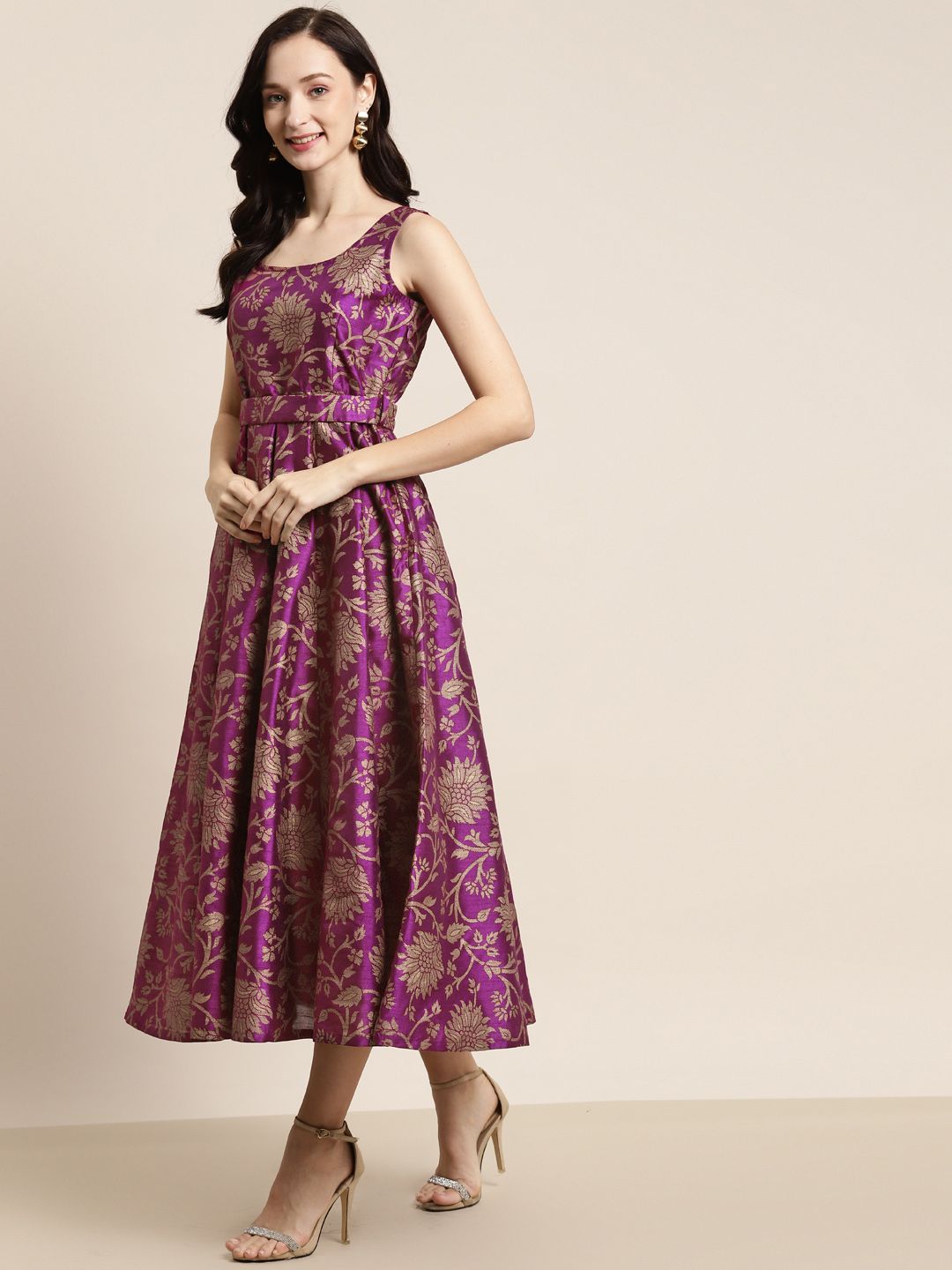 Shae by SASSAFRAS Purple & Gold-Toned Floral Jacquard Self-Belt Maxi Dress