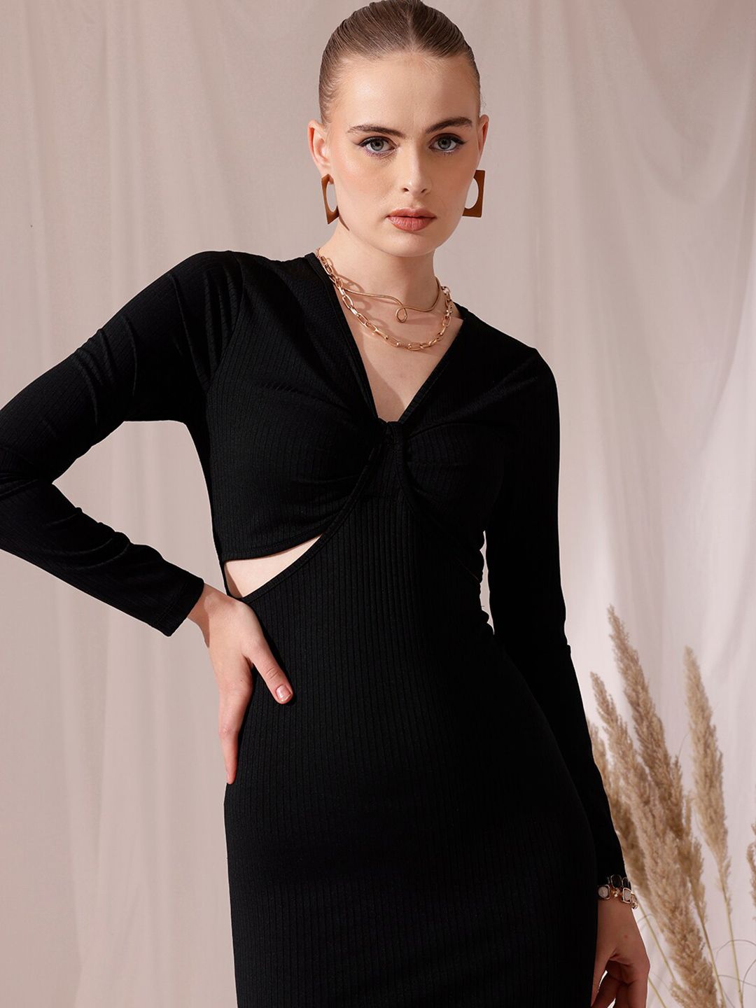 STREET 9 V Neck Long Sleeves Cut Out A-Line Midi Dress