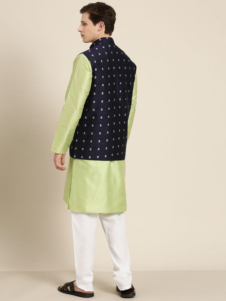 SOJANYA Men Green & Beige Thread Work Straight Kurta Churidar & Nehru Jacket