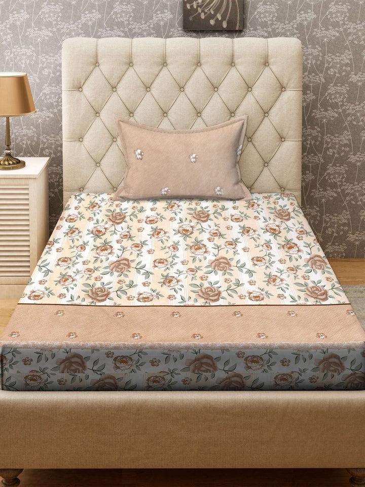 KLOTTHE Brown & White Floral Printed 300TC Single Bedsheet & 1Pillow Cover