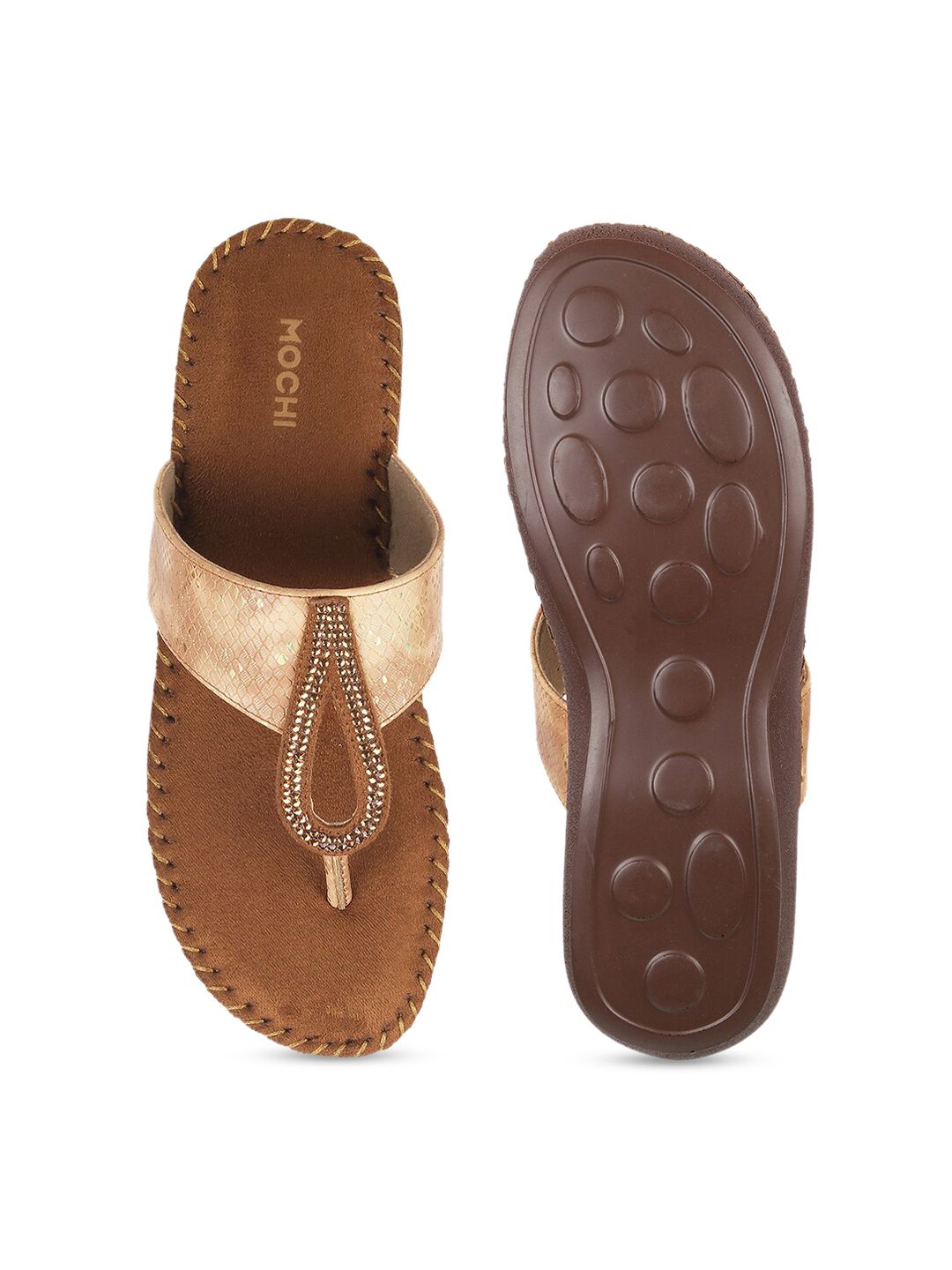 Mochi Women Gold-Toned Solid Open Toe Flats