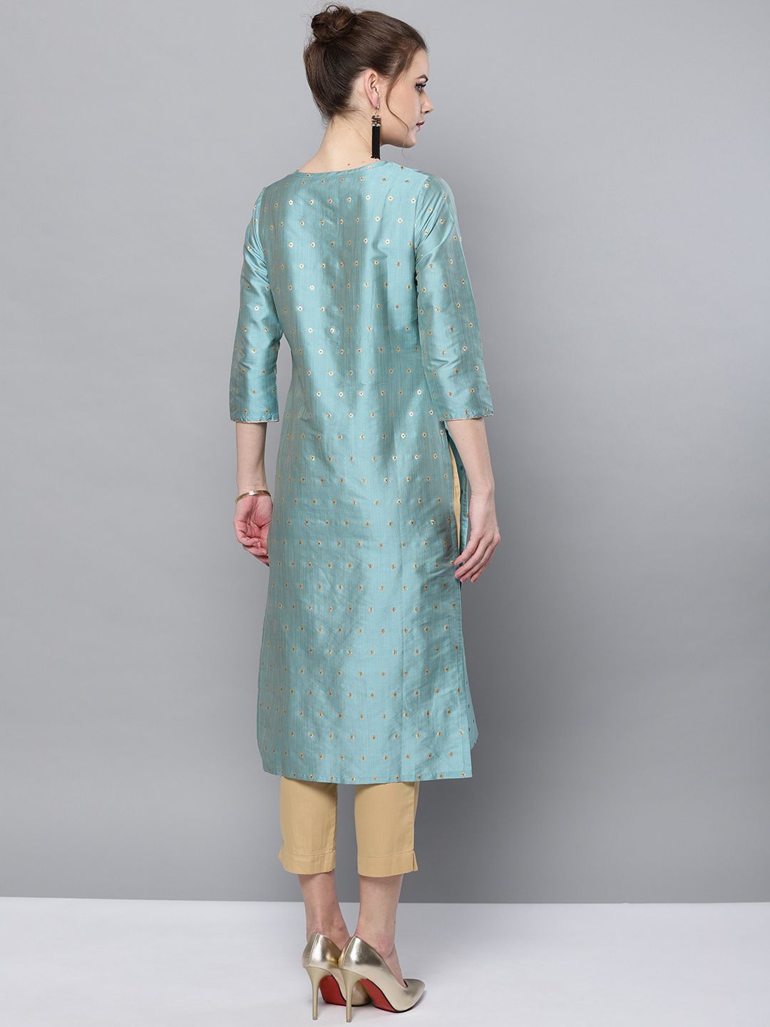 STREET 9 Women Turquoise Blue & Beige Self Design Kurta with Trousers
