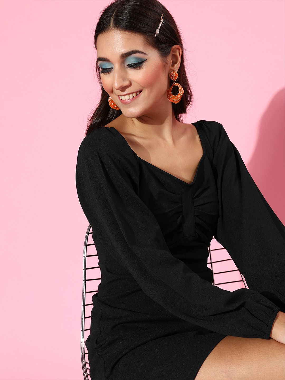 SASSAFRAS Women Stylish Black Solid Puff Sleeves Dress