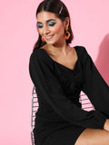 SASSAFRAS Women Stylish Black Solid Puff Sleeves Dress