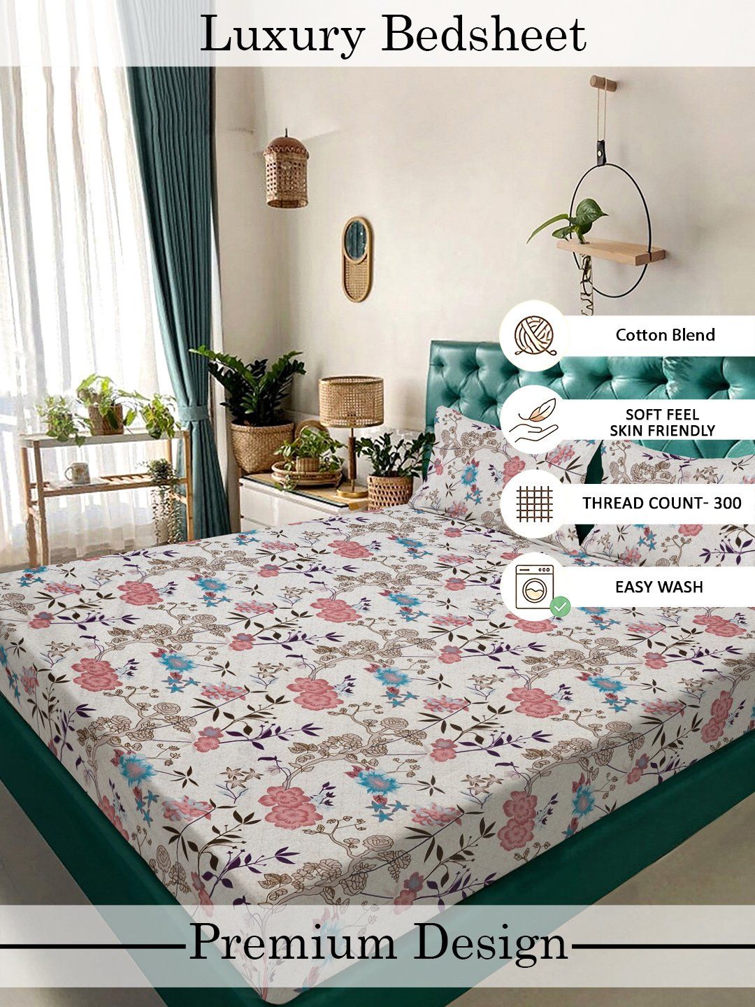 Myntra Elegant Homes Multicoloured Floral 300 TC Bedsheet with 2 Pillow Covers