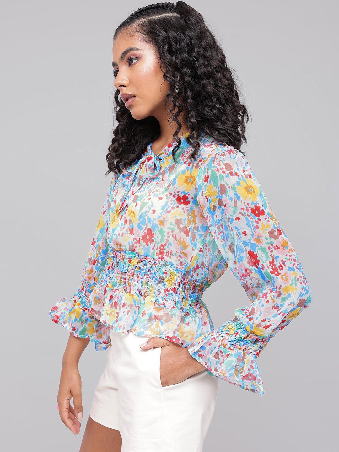Dressberry Floral Fest Smocked Semi Sheer A-Line Top