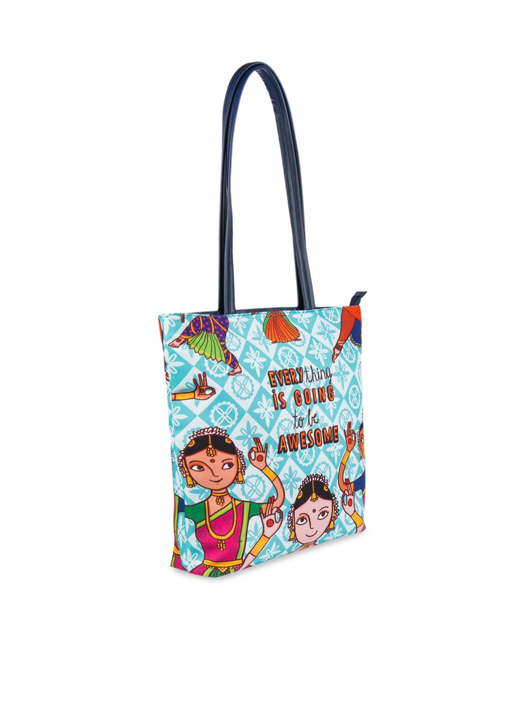TEAL BY CHUMBAK Turquoise Blue Printed Tote Bag