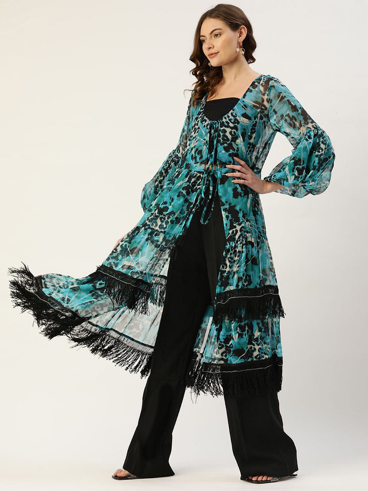 Antheaa Women Blue & Black Printed Party Longline Tie-Up Lace Tiered Shrug
