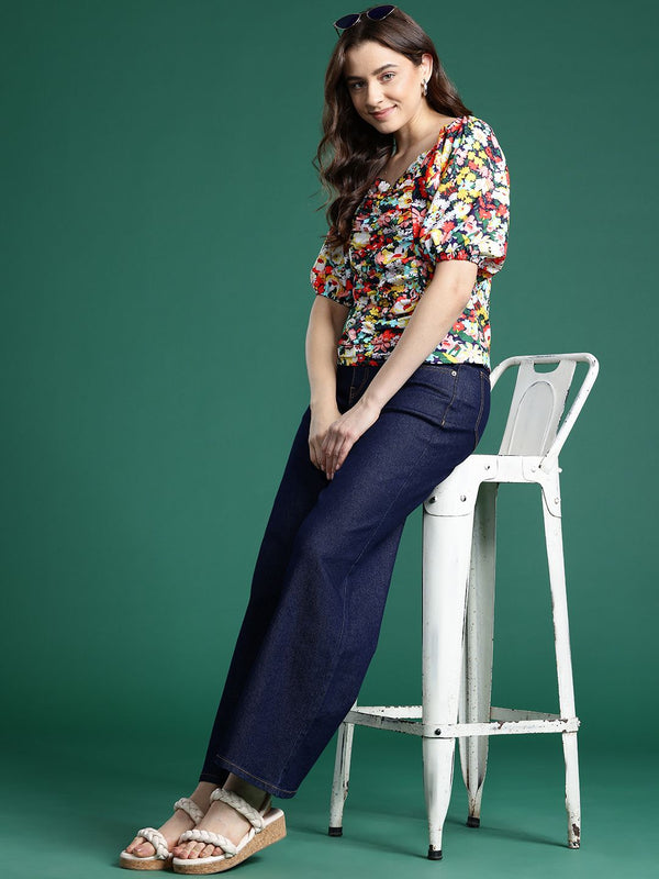 DressBerry Floral Print Sweetheart Neck Ruched Top