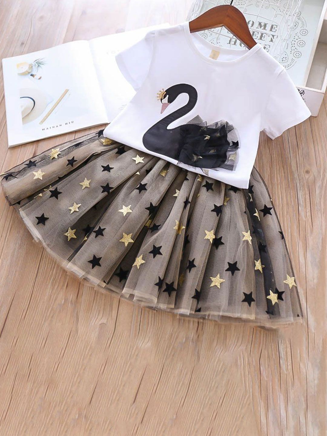 YK Girls Printed Round Neck Short Sleeves Pure Cotton Top With Skirt