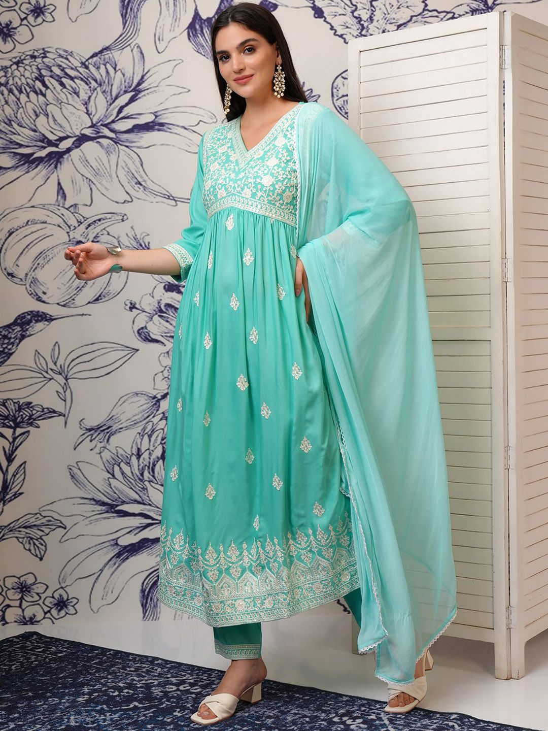 Vishudh Blue Ethnic Motifs Embroidered Sequinned A-Line Kurta With Trousers & Dupatta