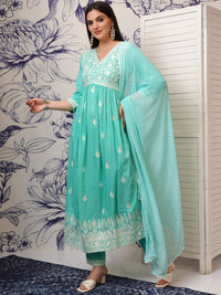 Vishudh Blue Ethnic Motifs Embroidered Sequinned A-Line Kurta With Trousers & Dupatta