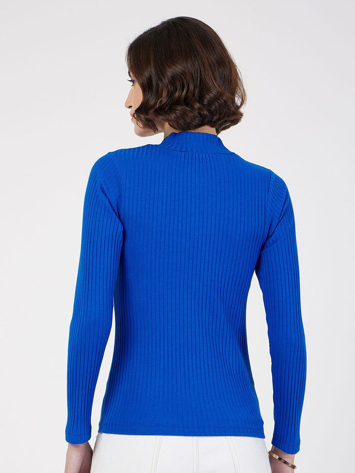 SASSAFRAS Blue Front Zipper Ribbed Top