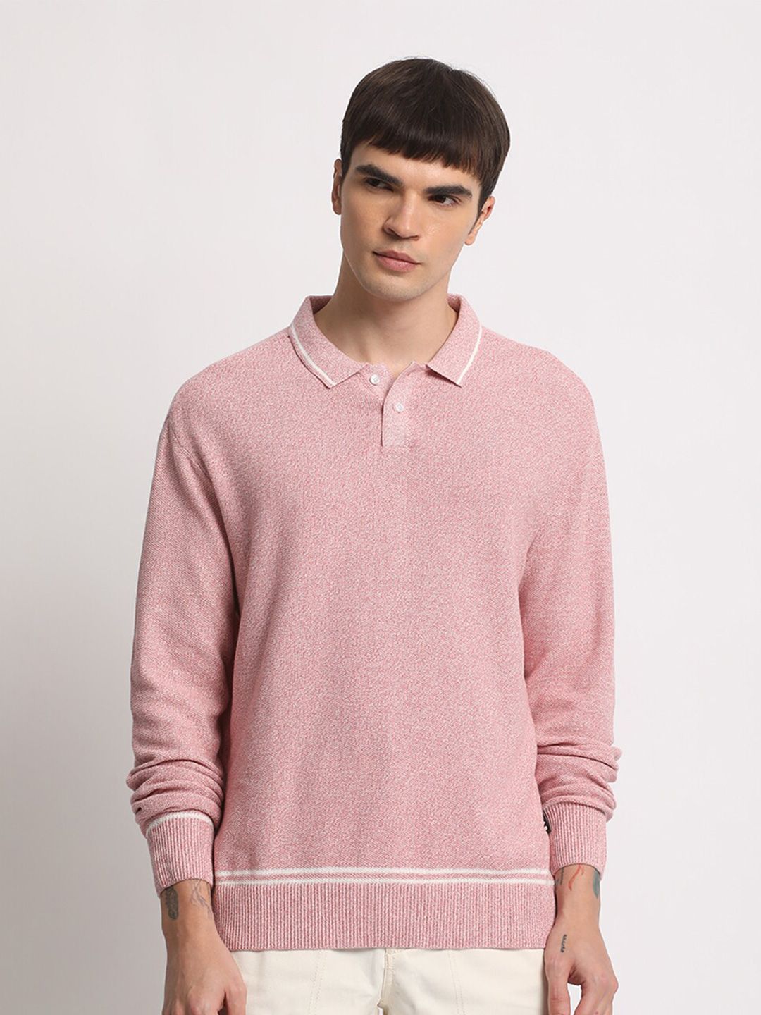 THE BEAR HOUSE Self Design Polo Collar Pure Cotton T-shirt