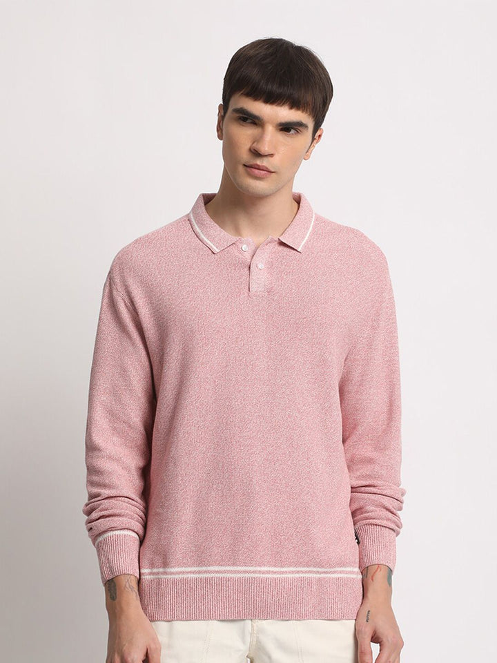 THE BEAR HOUSE Self Design Polo Collar Pure Cotton T-shirt