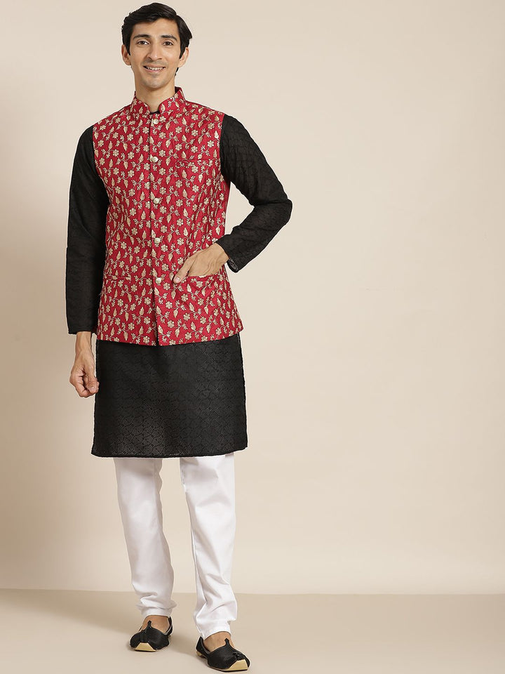 SOJANYA Lelaki Black Chikankari Pure Cotton Kurta with Churidar & Nehru Jacket