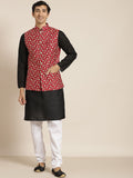 SOJANYA Lelaki Black Chikankari Pure Cotton Kurta with Churidar & Nehru Jacket