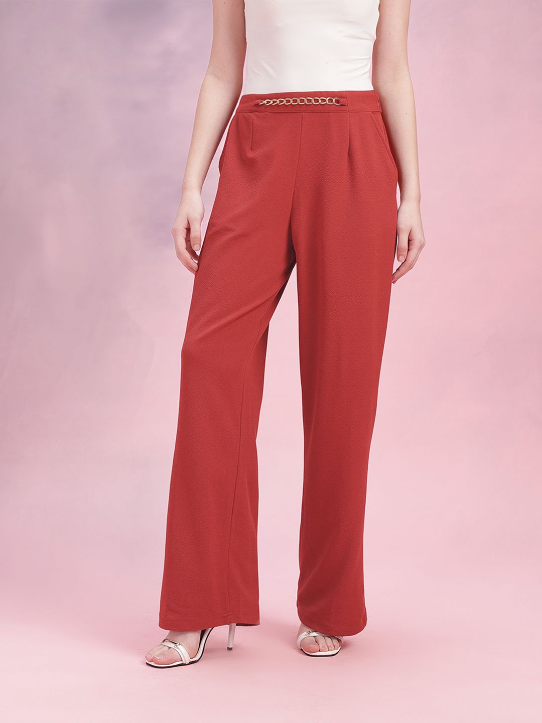 DressBerry Women Metallic Chain Detail Textured Pleated Trousers