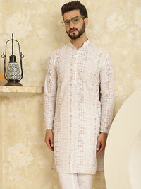 SOJANYA Men White Floral Embroidered Thread Work Kurta