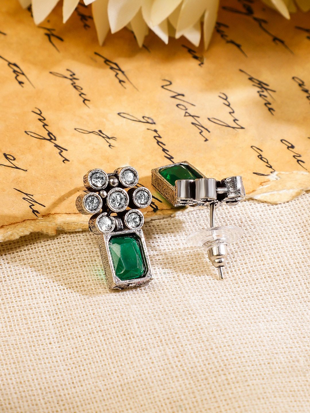 Rubans Oxidised Silver Plated Emerald Studded Handcrafted Floral Necklace Set