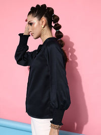 STREET 9 Women Navy Blue Tie-Up Neck Casual Shirt