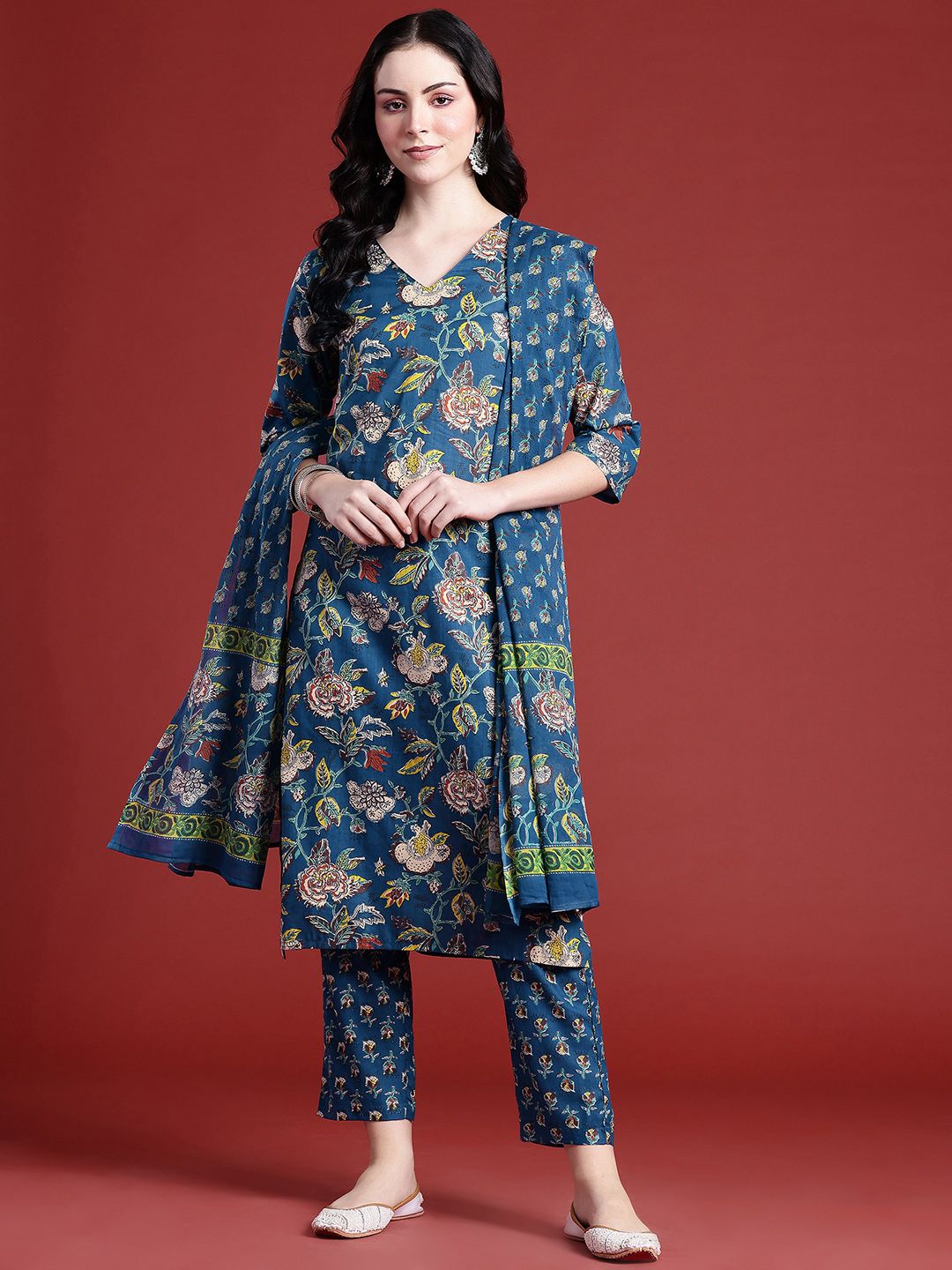 Anouk Ethnic Motifs Printed Regular Cotton Kurta with Trousers & With Dupatta