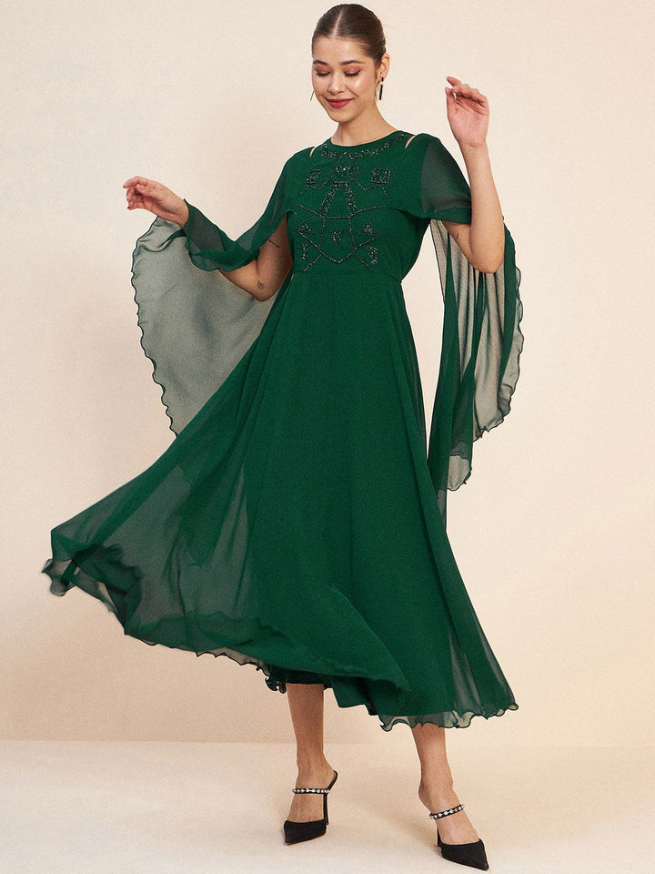 Antheaa Green Slit Sleeves Embellished Detail Maxi Dress