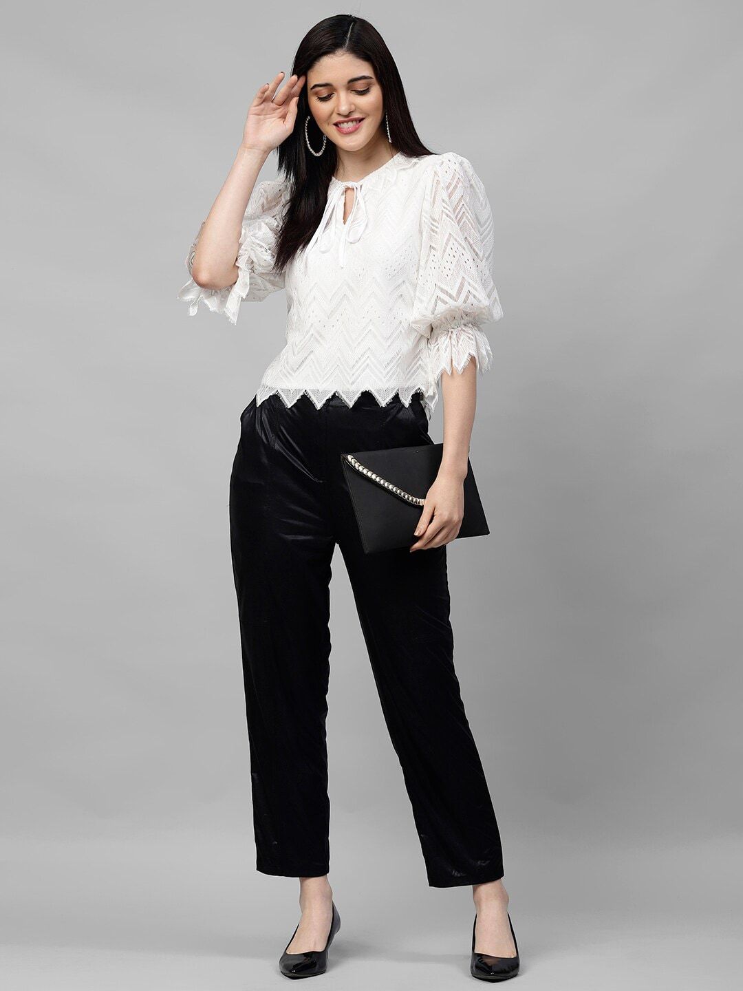 Athena White Tie-Up Neck Puff Sleeves Lace Top
