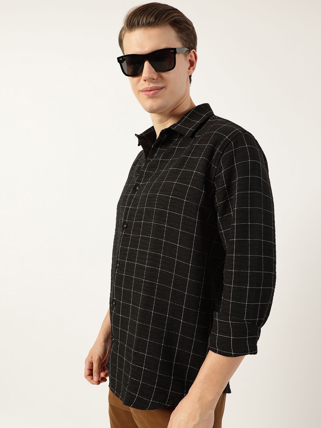 Thomas Scott Men Smart Spread Collar Windowpane Checked Slim Fit Casual Shirt