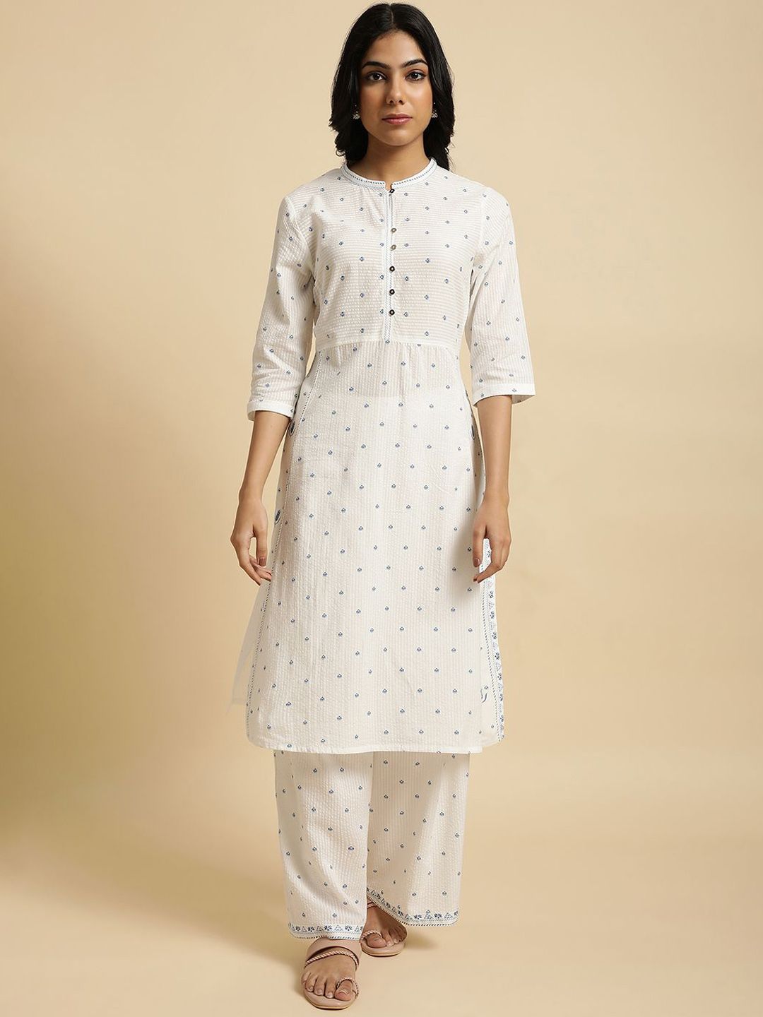 W Floral Printed Pure Cotton Straight Kurta with Trousers