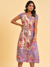 W Purple Ethnic Motifs Printed Tie Up Ruched A-Line Midi Dress